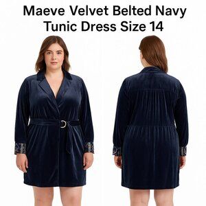 Maeve Velvet D-Ring Belted Navy Tunic Dress Size 14